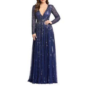 Mac Duggal Embellished Sequin Long-Sleeve V-Neck Gown Midnight Size 14 NWT